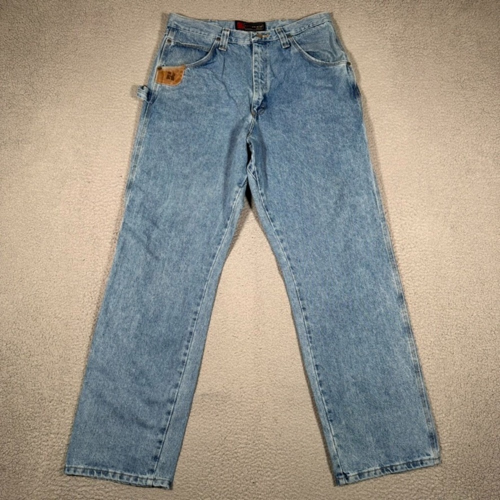 Wrangler Riggs Jeans Mens 34x33 Straight Fit Denim Workwear Carpenter Heavy Logo